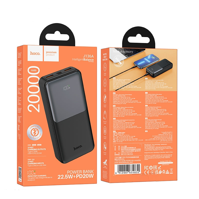 Hoco J136A Sirui 22.5W+PD20W Fully Compatible Power Bank 20000mAh Black