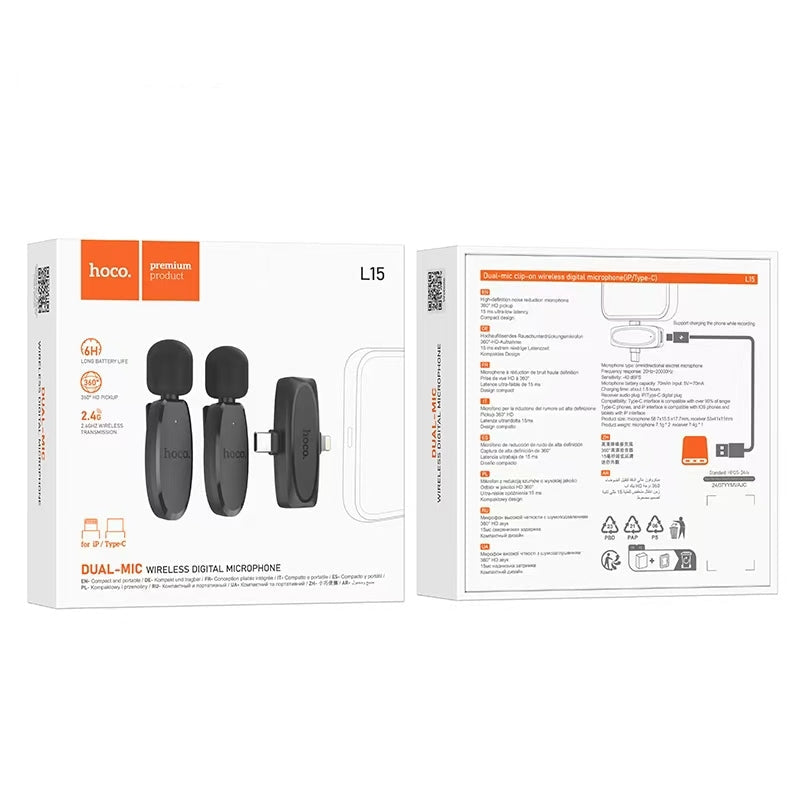 Hoco L15 Dual IP & Type-C Crystal Lavalier Wireless Digital Microphone Black