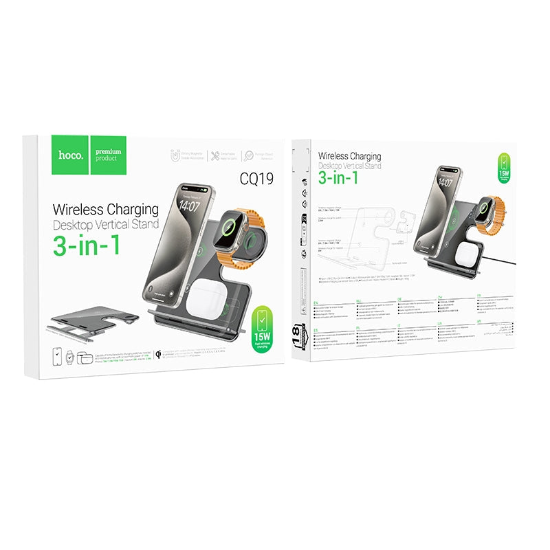 Hoco CQ19 Falcon 3-in-1 Desktop Vertical Wireless Fast Charger Gray