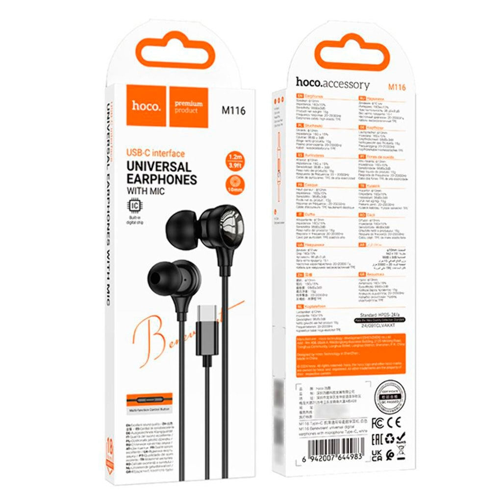 Hoco M116 Benevolent Type-C Universal Digital Earphones With Microphone Black