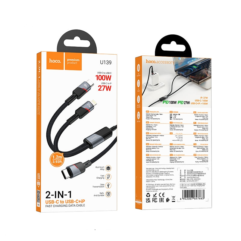 Hoco U139 Type-C To C+iP 100W Fast Charging Cable Black