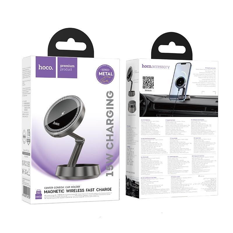 Hoco HW33 Metal Dash & Glass Ring Magnetic Wireless Fast Charging Car Holder Grey
