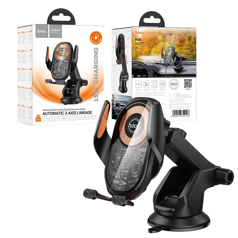 Hoco HW34 3-Axis Linkage Centre Console 15W Wireless Fast Charging Car Holder Black