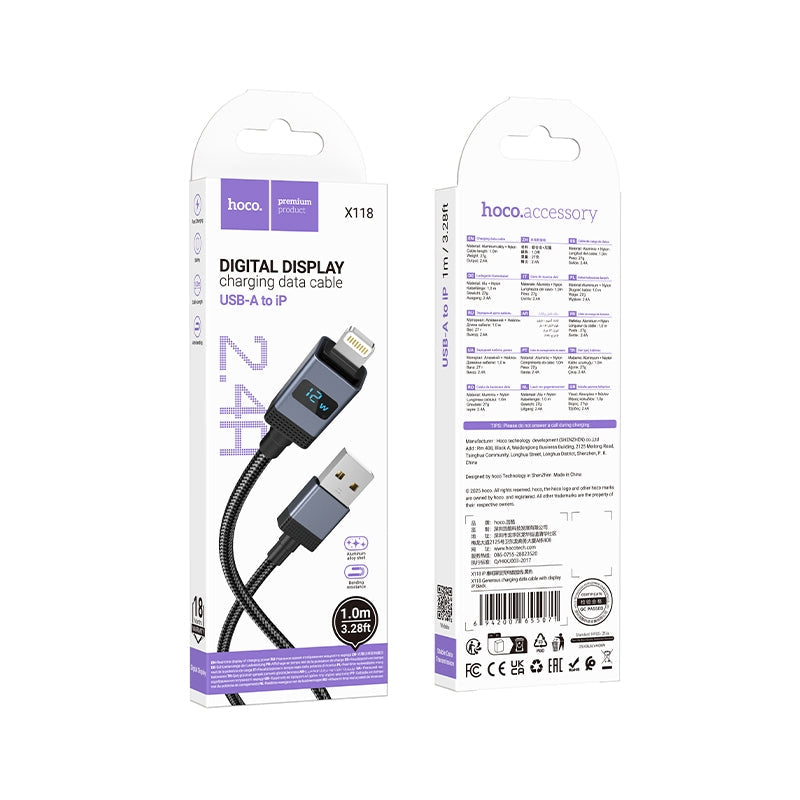 Hoco X118 Generous Charging Cable with Display Lightning Black