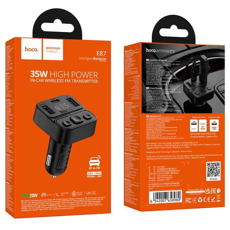 Hoco E87 Delta 35W 2A & 1C Car BT FM Transmitter Black