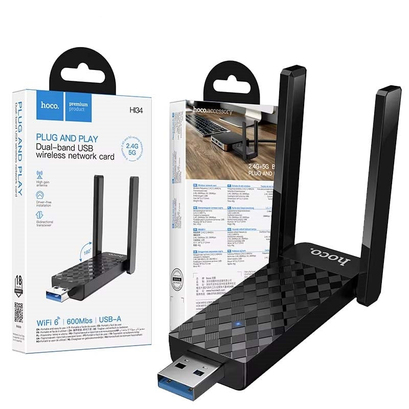 Hoco HI34 WiFi6 USB External Dual Antenna Wireless Network Card Black
