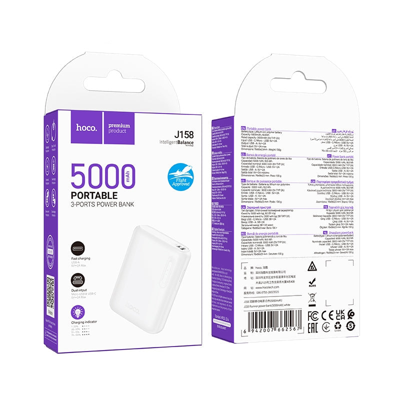 Hoco J158 Runner 3 Port Power Bank 5000mAh White