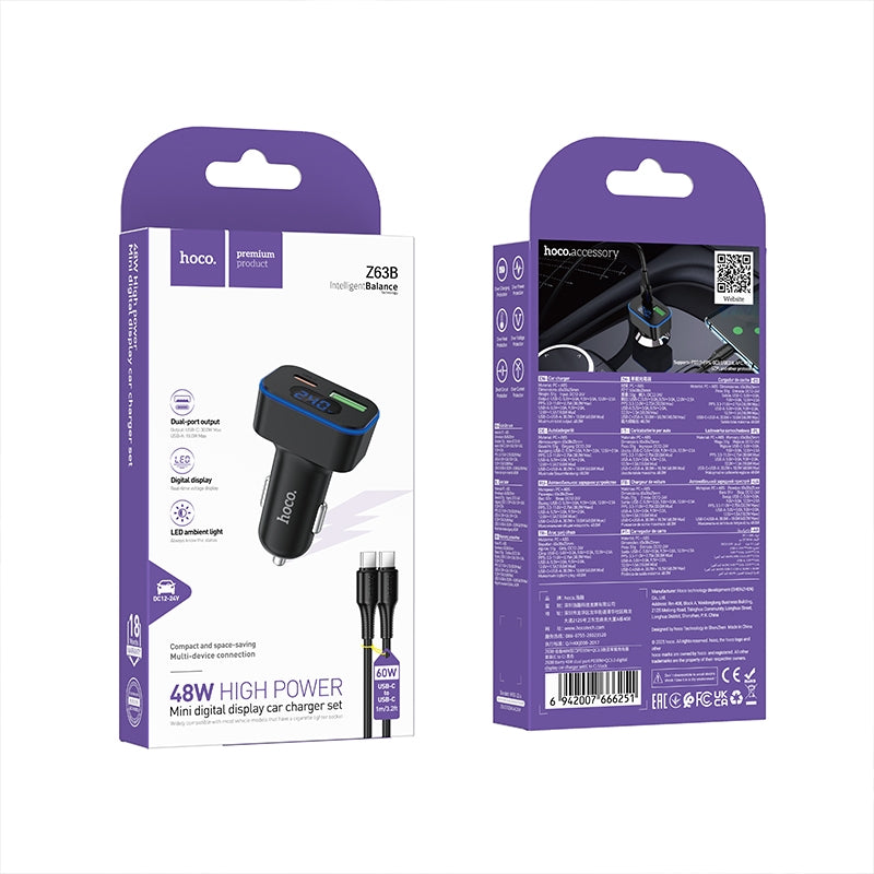 Hoco Z63B Barry 48W Dual Port PD30W / QC3.0 Digital Display Car Charger Set C To C Black