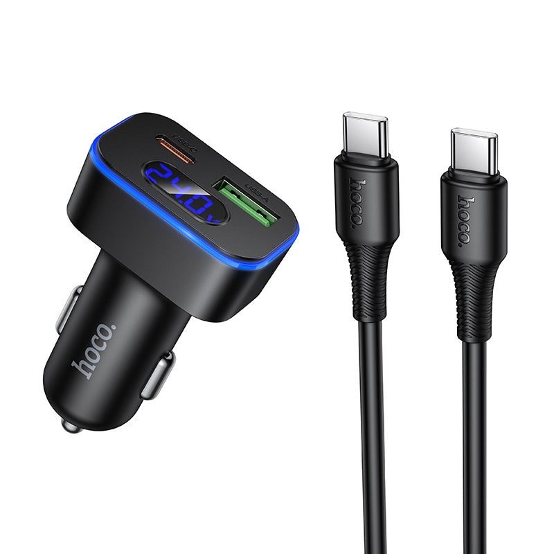 Hoco Z63B Barry 48W Dual Port PD30W / QC3.0 Digital Display Car Charger Set C To C Black