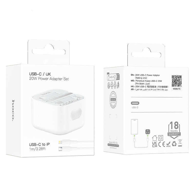 Hoco C155B Original Foldable Single Port PD 20W Charger C To iP White
