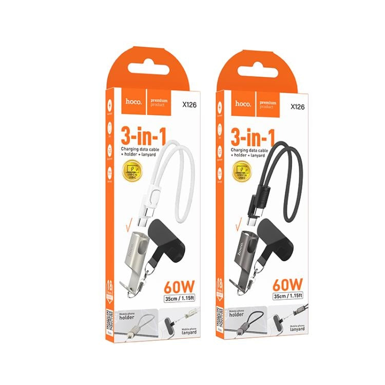 Hoco X126 3 In 1 PD30W Lanyard / Phone Holder Charging Cable Type C - iP L=0.35M Black