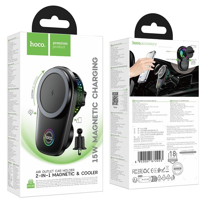 Hoco HW36 Electric Auto Rotating Magsafe Wireless Fast Charging Car Holder Black
