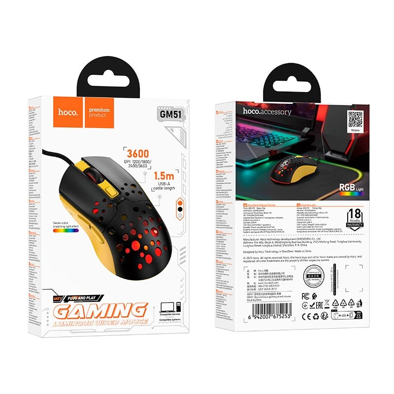 Hoco GM51 Sky Luminous Gaming Wired Mouse Black & Yellow