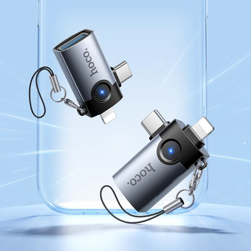 Hoco UA46D Victory iP Male / Type-C Male to USB Female 2-In-1 Adapter Metal Gray