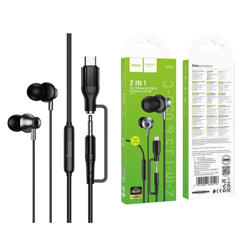 Hoco M119A Mia 2-In-1 3.5 / Type-C Universal Digital Earphones With Microphone Black