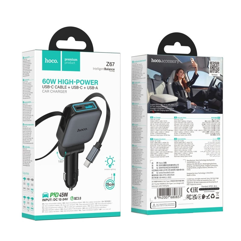 Hoco Z67 Triunfar PD60W 1C1A / Type-C Telescopic Cable Car Charger Black