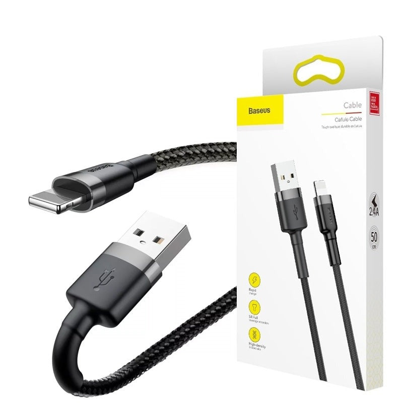 Baseus CALKLF-AG1 Cafule Nylon Braided Lightning Cable 2.4A 0.5M Gray&Black-www.firsthelptech.ie