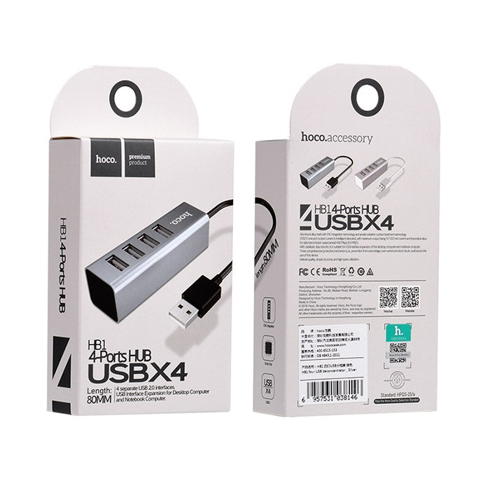 Hoco HB1 4-Port USB Hub 2.0 Tarnish-www.firsthelptech.ie