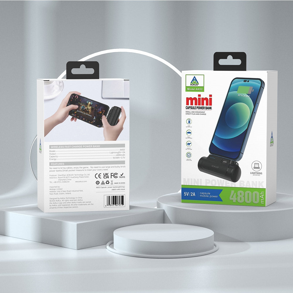 Aokus AK02 Capsule Portable Compact Built in Type-C Docking External Power Bank 4800 mAh Black-www.firsthelptech.ie