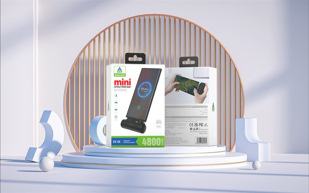 Aokus AK02 Capsule Portable Compact Built in Type-C Docking External Power Bank 4800 mAh Black-www.firsthelptech.ie