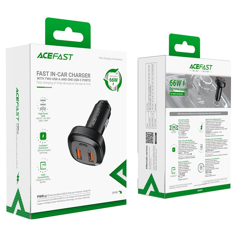 ACEFAST B9 2USB-A+USB-C 3 Port Metal Car Charger 66W Black