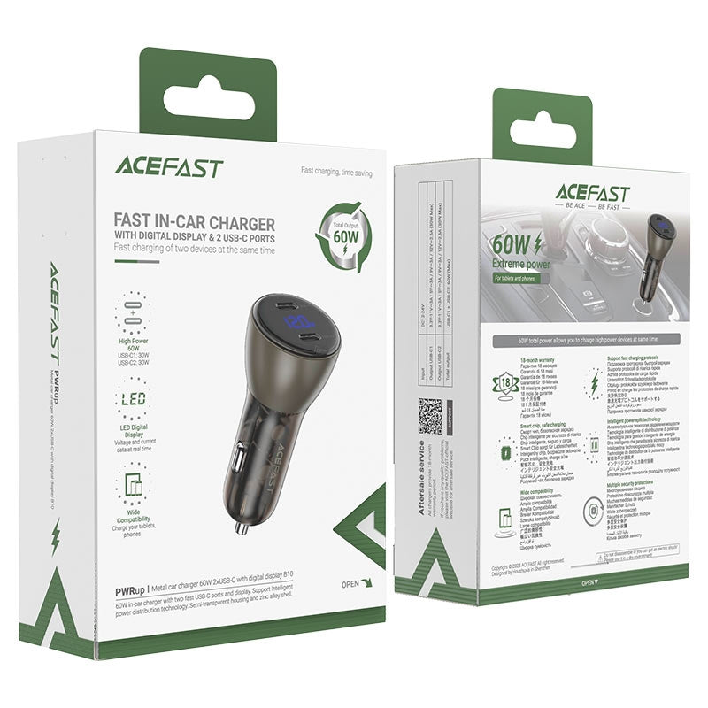 ACEFAST B10 Metal Car Charger USB-C + USB-C with Digital Display 60W Black