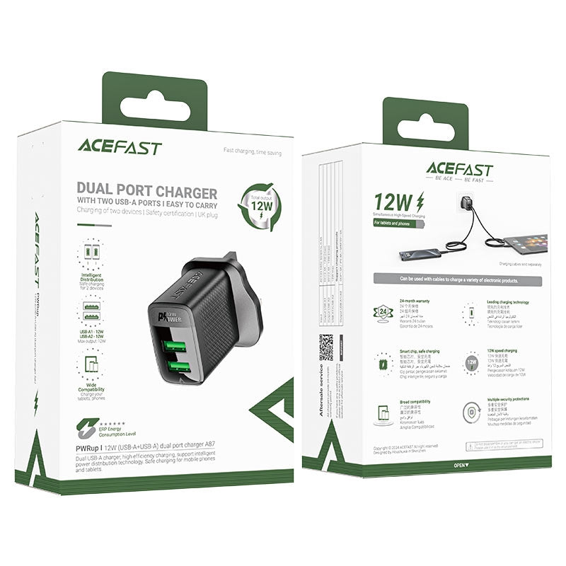 ACEFAST A87 USB-A+USB-A Dual Port Charger 12W Black