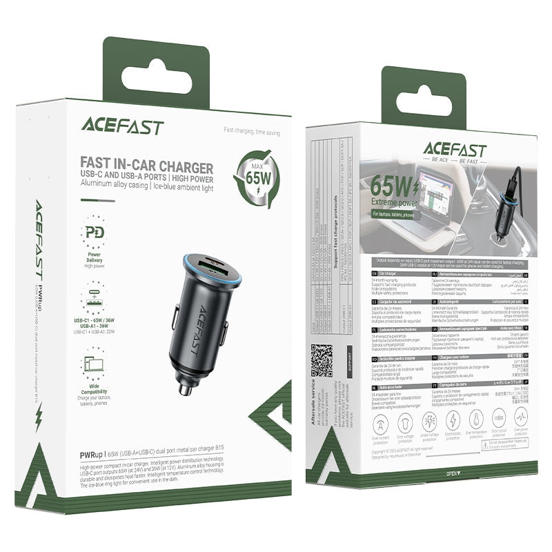 ACEFAST B15 USB-A & USB-C Dual Port Car Charger 65W Metal Gray