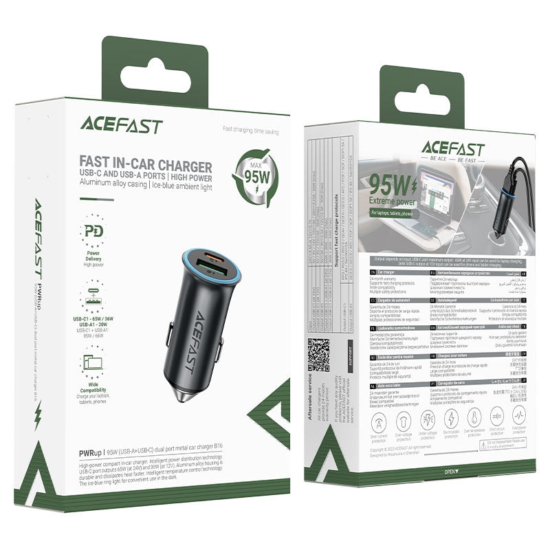 ACEFAST B16 95W USB-A / USB-C Dual Port Metal Car Charger Metal Gray