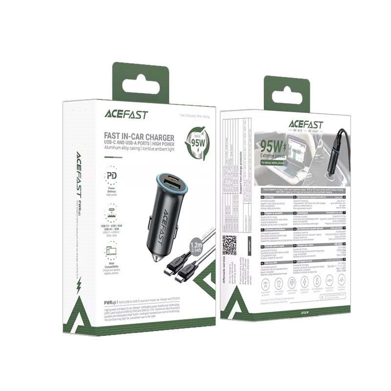 ACEFAST B16 95W USB-A / USB-C Dual Port With C-C Cable Metal Car Charger Set P5 Metal Gray