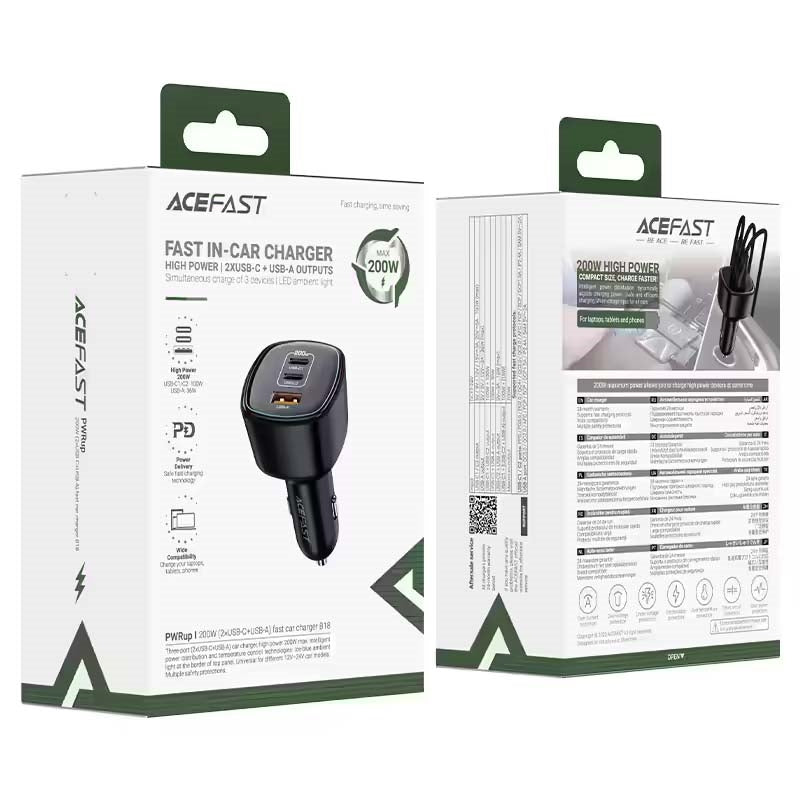 ACEFAST B18 2 USB-C & USB-A 200W Fast Car Charger Black