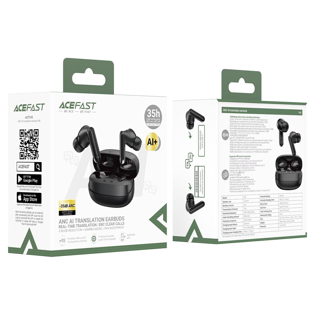 ACEFAST W8 ANC AI Translation Earbuds 35H Black