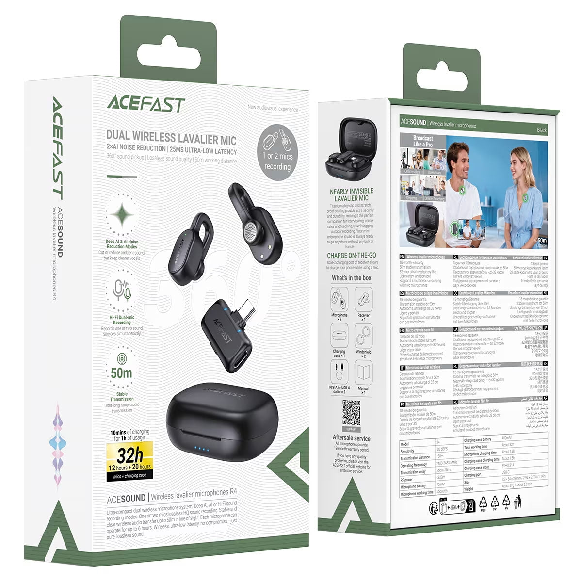 ACEFAST R4 Wireless Type-C Lavalier 2 HD Microphone Black