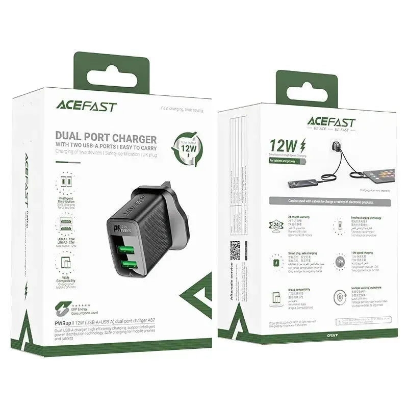 ACEFAST A87 USB-A+USB-A Dual Port Charger 12W Black