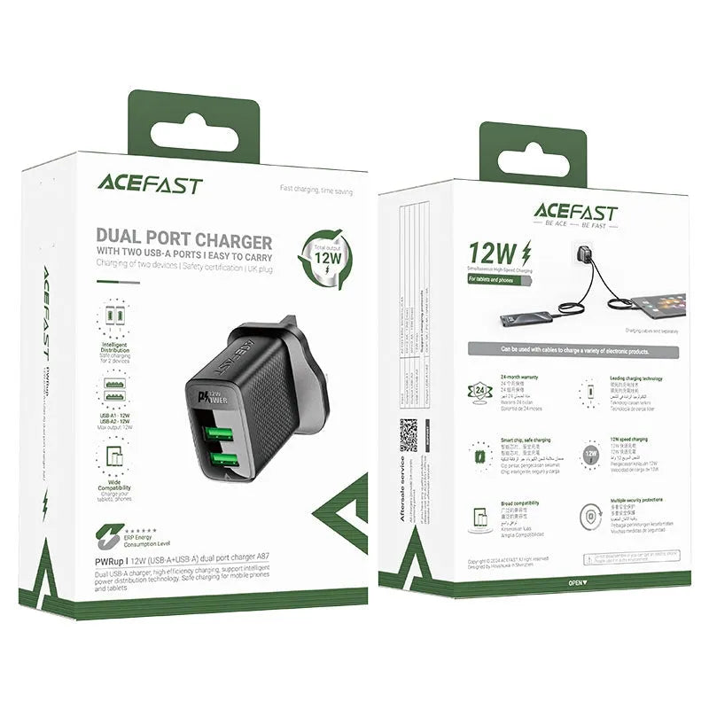 ACEFAST A87 USB-A+USB-A Dual Port Charger 12W Black
