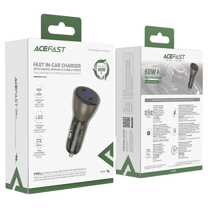 ACEFAST B10 Metal Car Charger USB-C + USB-C with Digital Display 60W Black