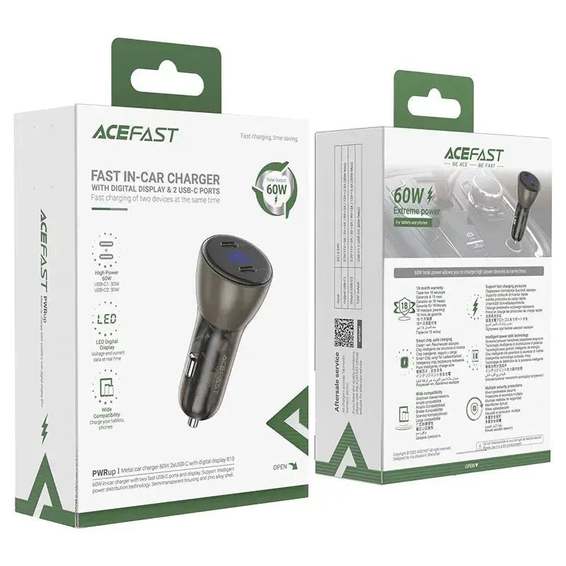 ACEFAST B10 Metal Car Charger USB-C + USB-C with Digital Display 60W Black