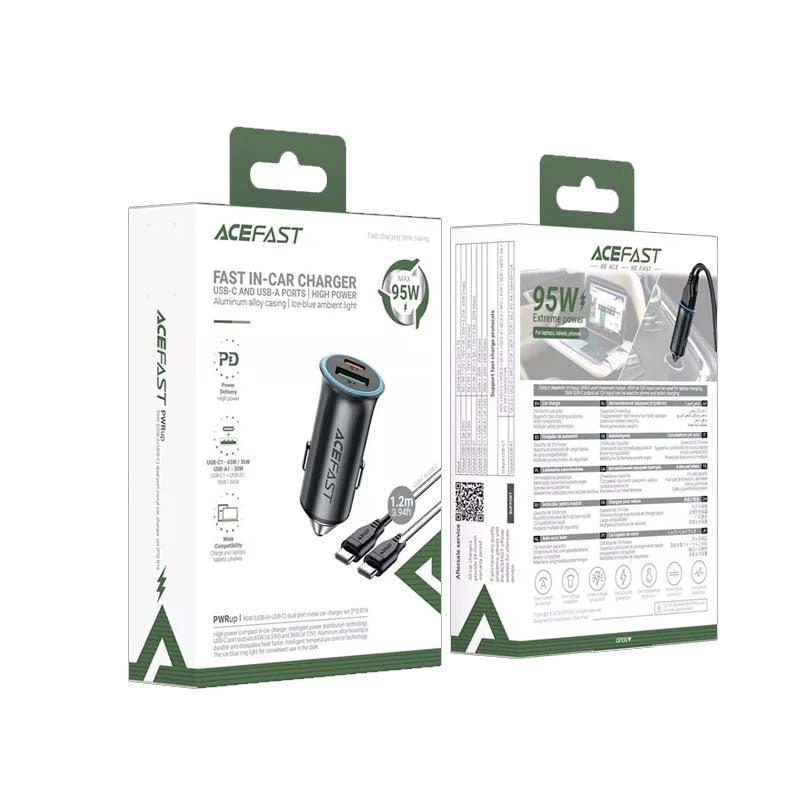 ACEFAST B16 95W USB-A / USB-C Dual Port With C-C Cable Metal Car Charger Set P5 Metal Gray