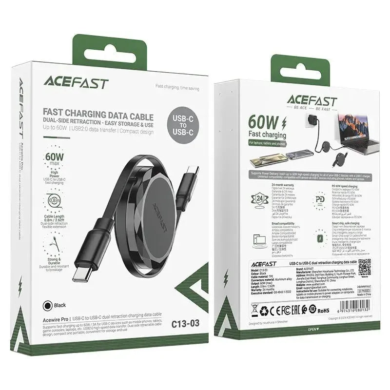 ACEFAST C13-03 USB-C To USB-C Dual Retraction Charging Cable 60W Black