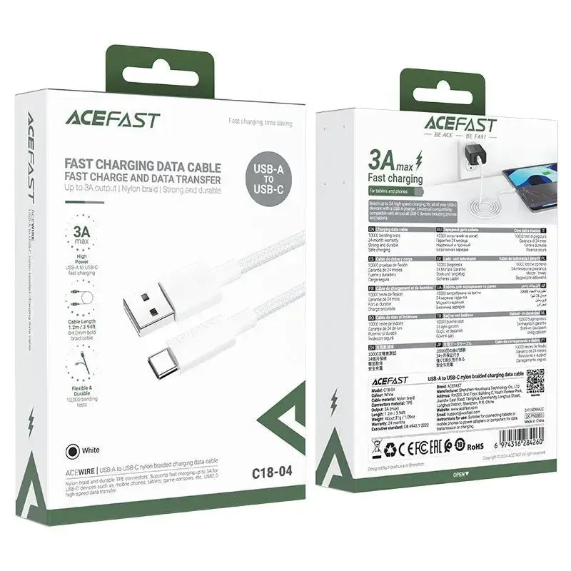 ACEFAST C18-04 USB To USB-C Braid Charging Cable 3A 1.2m White