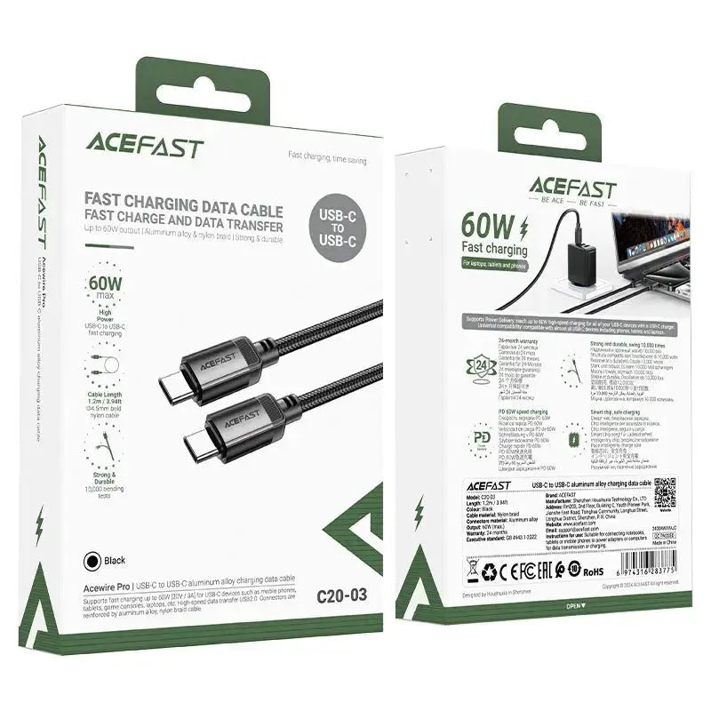 ACEFAST C20-03 USB-C To USB-C Aluminum Alloy Charging Cable 60W 1.2m Black