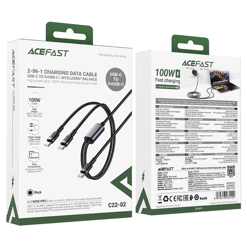 ACEFAST C22-02 USB-C To 2 USB-C Aluminum Alloy Charging Cable 100W Black