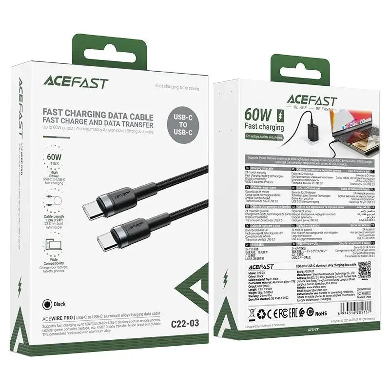 ACEFAST C22-03 USB-C To USB-C Aluminum Alloy Charging Cable 60W Black