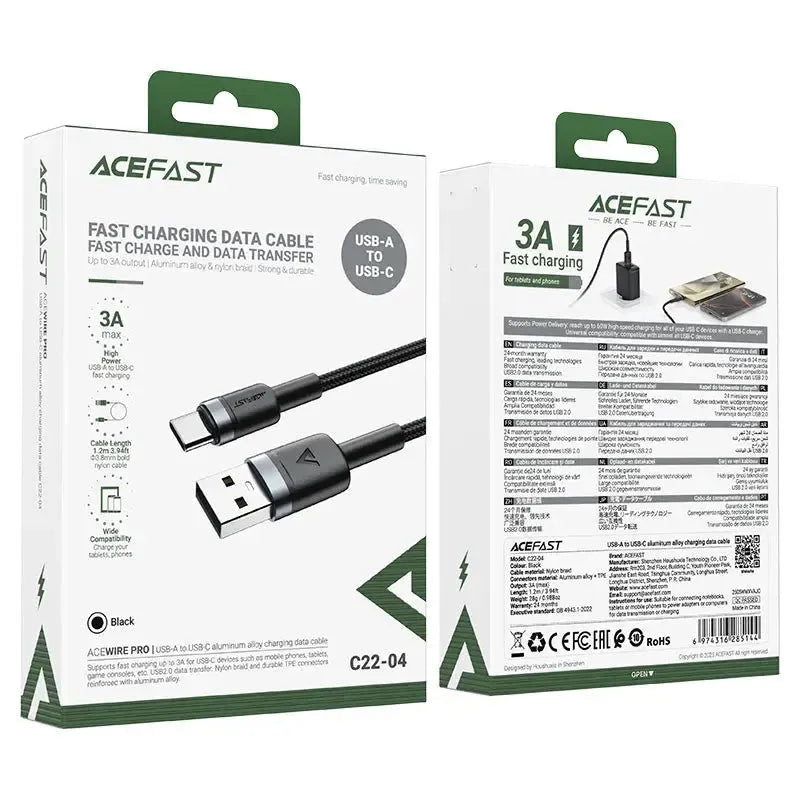 ACEFAST C22-04 USB-A To USB-C Aluminum Alloy Charging Cable Black