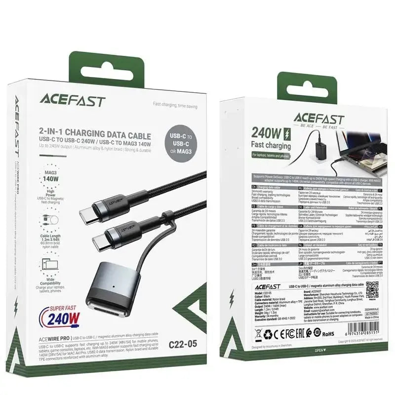 ACEFAST C22-05 2 In 1 USB-C To USB-C / Macbook 3 Charging Cable Black
