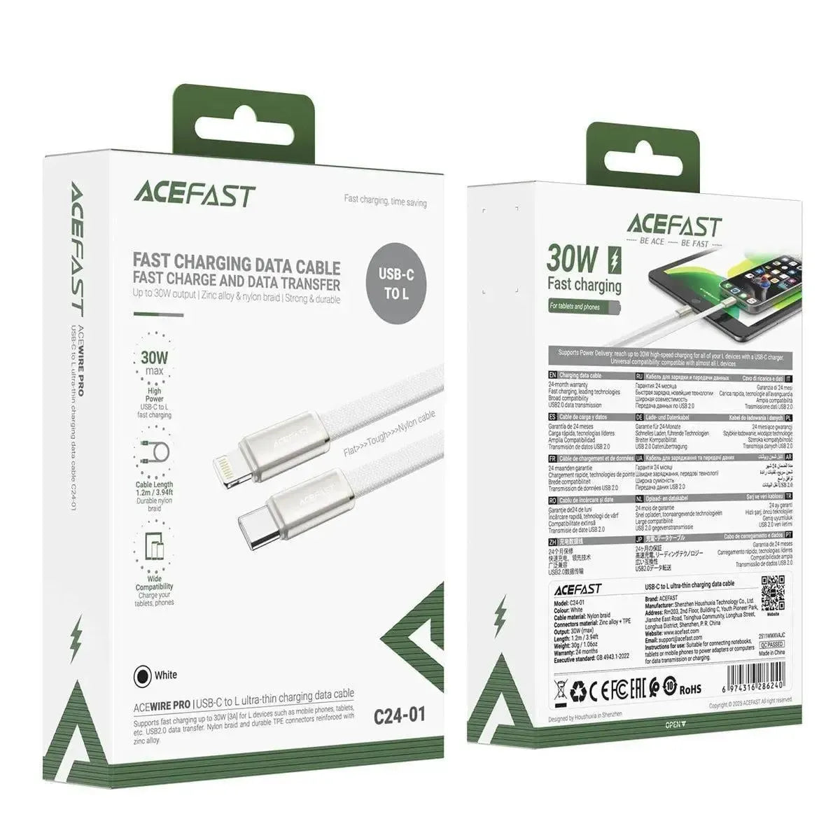 ACEFAST C24-01 USB-C To Lightning Ultra-Thin Cable 30W White