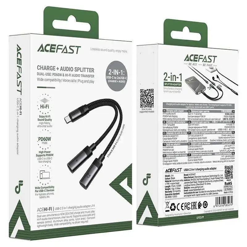ACEFAST J14 USB-C Splitter Charging Audio Adapter Black
