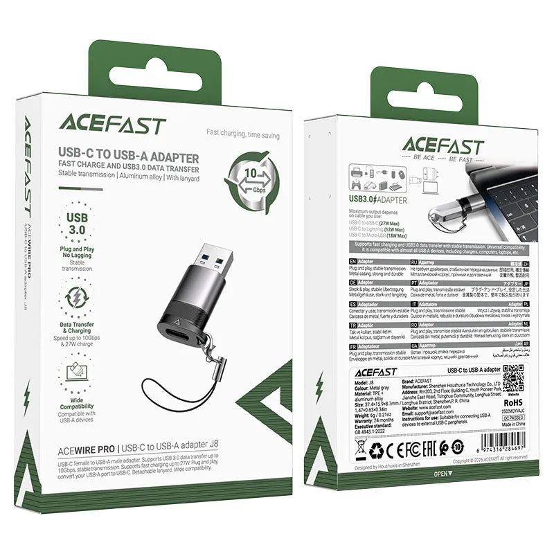 ACEFAST J8 USB-C Female To USB-A Male Adapter Metal Gray