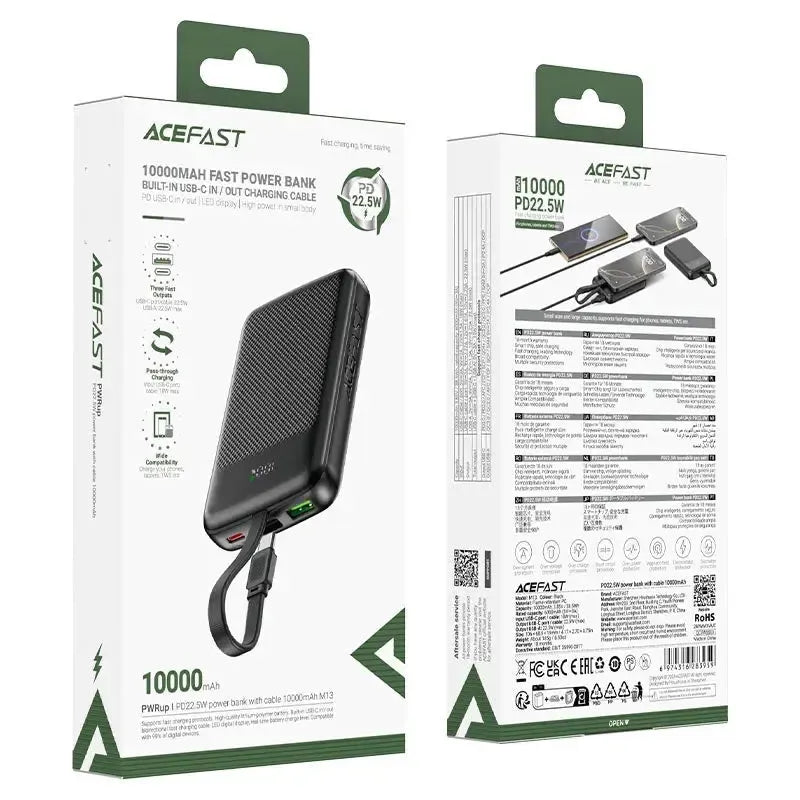ACEFAST M13 PD22.5W Power Bank With Type-C Cable 10000mAh Black