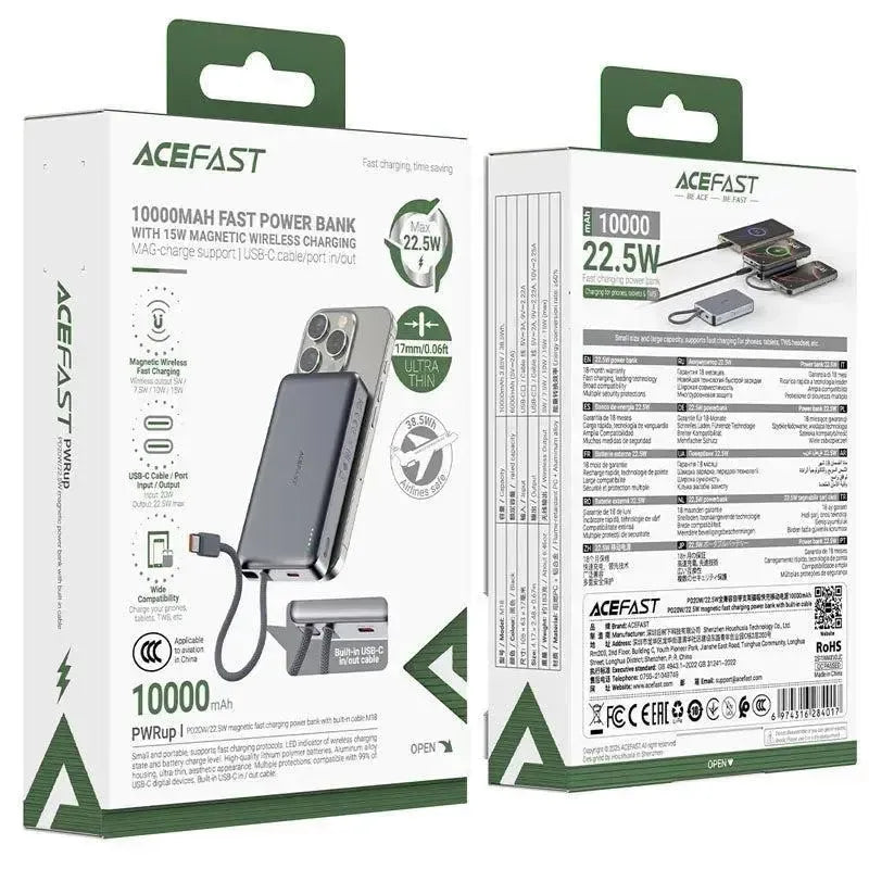 ACEFAST M18 PD 20W / 22.5W Magsafe Fast Charging Power Bank With Built-In Type-C Cable 10000mAh Black